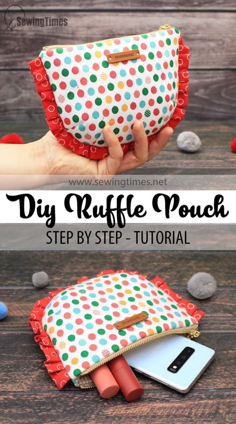 DIY Ruffle Zipper Pouch | How to make a Ruffled Purse [sewingtimes] Ruffle Bag Diy, Ruffle Bag Pattern, Cosmetic Bags Diy, Ruffle Bag, Purse Patterns Free, Diy Pouch, Diy Ruffle, Ruffles Bag, Pouch Craft