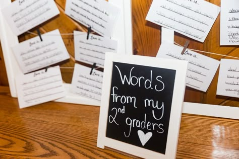 Teacher themed wedding with wedding advice written by the teachers students Teacher Wedding Decorations, Teacher Bride Ideas, Student Wedding Advice, Love Is From Students Wedding, Student Made Wedding Centerpieces, Teachers Wedding Ideas, Teacher Theme Wedding, School Bridal Shower Ideas, Including Students In Wedding