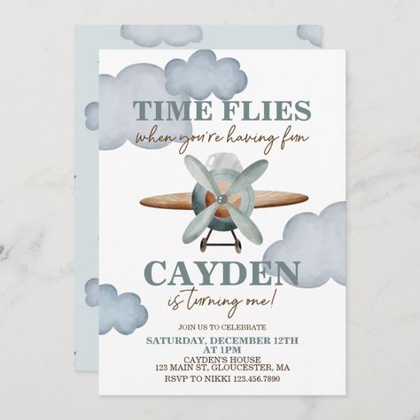 Time Flies Airplane First Birthday Invitation Zazzle Airplane First Birthday, 1st Birthday Boy Themes, Time Flies Birthday, Boys First Birthday Party, Planes Birthday, Boys First Birthday Party Ideas, Boys 1st Birthday Party Ideas, Airplane Theme, Airplane Birthday Party