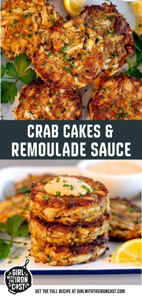 Enjoy restaurant-quality crab cakes made effortlessly with this simple recipe. Season fresh lump crab meat with Old Bay, mayonnaise, hot sauce, Dijon mustard, parsley, and lemon juice. Shape into cakes and fry or broil until golden brown. Serve with a homemade zesty remoulade sauce for a delicious, elegant touch. Crab Cake Remoulade Sauce, Lump Crab Meat Recipes, Crab Cakes Recipe Best, Seafood Christmas, Cast Iron Recipes Dinner, Easy Crab Cakes, Old Bay Crab Cakes, Baked Seafood, Crab Cakes Easy