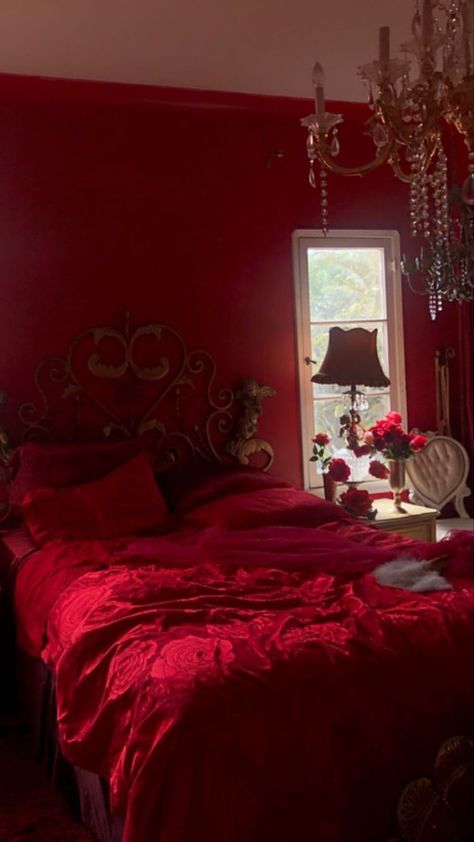 Red Bedroom Aesthetic Grunge, The Love Witch Bedroom, Red Y2k Room, Burgundy Bedroom Aesthetic, Red Romantic Bedroom, Dark Red Aesthetic Room, Femme Fatale Room Decor, Red Rooms Bedroom, Red Vintage Room