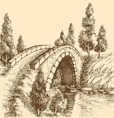 Bridge graphic landscape vector illustration Bridge Over River, Bridge Drawing, Landscape Pencil Drawings, Nature Art Drawings, Pen Art Drawings, Landscape Sketch, River Landscape, Art Drawings Sketches Pencil, Stone Bridge