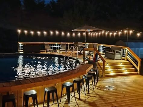 Pool And Deck Design, Hot Tub And Pool Deck, Deck To Pool Ideas, Deck Patio Combo Ideas With Pool, Above Ground Pool Bar Top, Above Ground Pool Design Ideas, Pergola Pool Deck, Low Decks Backyard Ground Level Patio, Deck Around Round Pool