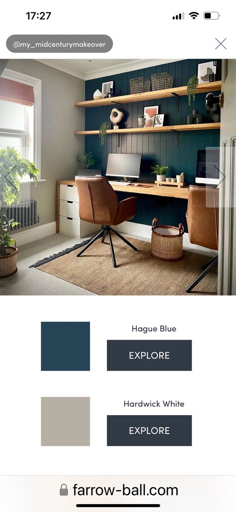 Navy Blue Home Office, Lake House Office, Office Art Room, Navy Blue Office, Teal Office, Office Guestroom, Navy Office, Blue Home Offices, Best Wall Colors