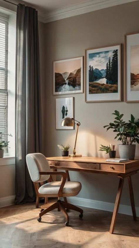 Light Wood Home Office, Earth Tone Home Office, Small Desk Area In Living Room, Office In Living Room Apartment, Scandinavian Home Office, Office Wall Colors, Home Office Furniture Design, Aesthetic Home Office, Home Office Designs