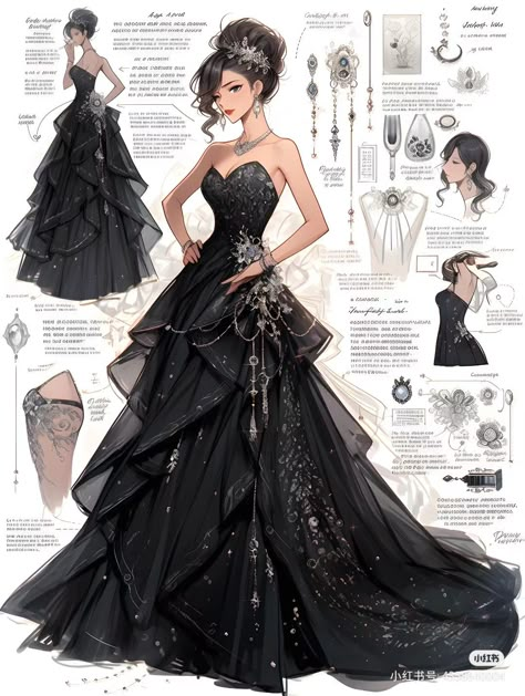 Fantasy Black Dress Art, Fantasy Dress Drawing Black, Anime Prom Dress Drawing, Royalty Dress Drawing, Black Royal Dress Aesthetic, Black Ethereal Dress, Black Dress Sketch, Black Dress Royal, Fantasy Dress Black