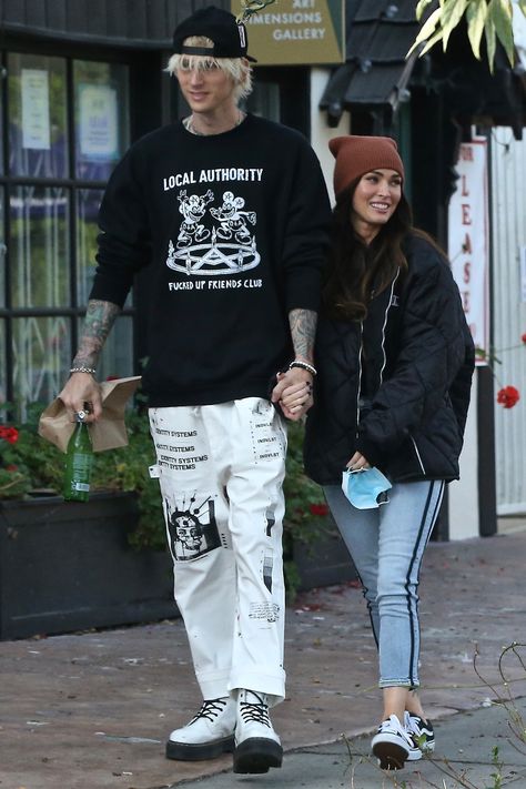 Megan Fox and Machine Gun Kelly Step Out in L.A. Holding Hands After Brian Austin Green Drama Mgk Fashion Style, Megan Fox Mgk Style, Mgk Megan Fox Aesthetic, Mgk Fashion, Mgk Style, Mgk Outfits, Mgk And Megan, Megan Fox And Mgk, Megan Fox Style