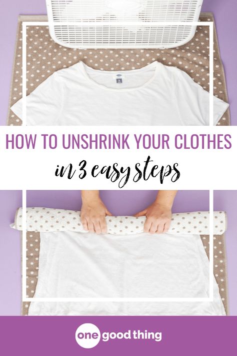 Accidentally shrank a favorite shirt in the wash or in the dryer? Never fear! Learn my simple 3-step method to unshrink clothes here. How To Unshrink Your Clothes, How To Unshrink Clothes, Clothes Washing Hacks, How To Shrink Clothes, Woman Hacks, Denim Dye, Clothes Hacks, Cleaning Stuff, Clothing Tips