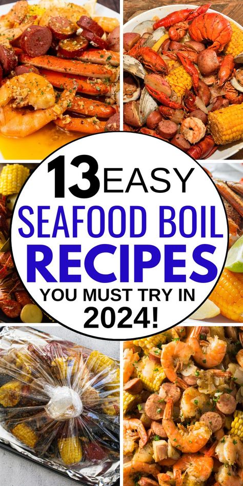 Text reads 15 Easy Seafood Boil Recipes You Should Try in 2024 Seafood Boil On Grill, How To Cook Crawfish Boil, Seafood Boil Ingredients List, Shrimp Boil Bag Recipe, Small Seafood Boil Recipes, Ingredients For Seafood Boil, Foil Seafood Boil, How To Do A Crab Boil At Home, Camping Seafood Boil