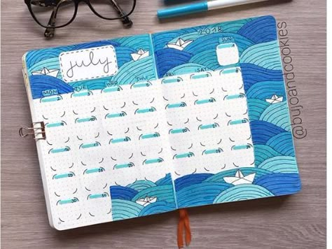 Ocean Themed Journal, Ocean Theme Bullet Journal, Ocean Journal Ideas, Bujo Ocean Theme, Journal Beach Theme, Ocean Bullet Journal, Water Tracker Bullet Journal, Bujo 2023, Tracker Bullet Journal