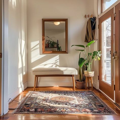 Serene entryway with sunlight streaming through glass door, bench, plant, rug, and wall art. Get inspiration for a welcoming home design. Entryway Mirror And Bench Ideas, Entryway Decor Scandinavian, Entrance Area Design Entryway, Cozy Modern Entryway, Cozy Home Entrance, Earth Tone Entry Way, Entryway No Foyer, Short Entryway Ideas, Warm Entryway Ideas