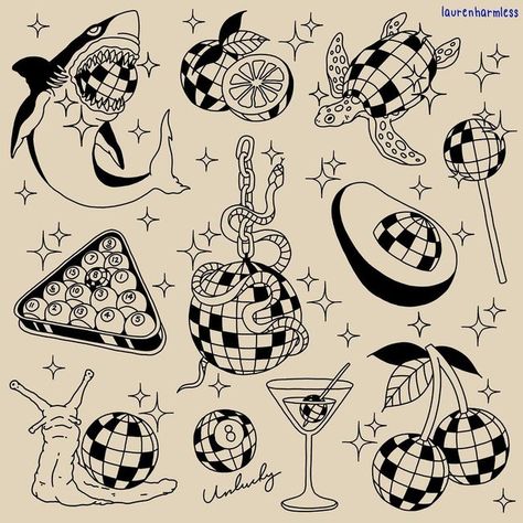 Flash Designs Tattoo, Disco Flash Tattoo, Dancing Daisy Tattoo, Flash Tattoo Placement Ideas, Traditional Disco Ball Tattoo, Fun Flash Tattoo, Cute Patchwork Tattoo Ideas, Disco Tattoo Ideas, Jpeg Tattoo