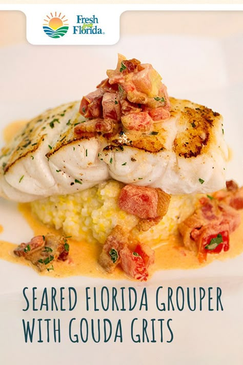 Breakfast Casserole With Grits, Smoked Gouda Grits, Grouper Fish Recipes, Fish And Grits, Gouda Grits, Grouper Recipes, Bacon Gravy, Grouper Fish, Fish Entrees