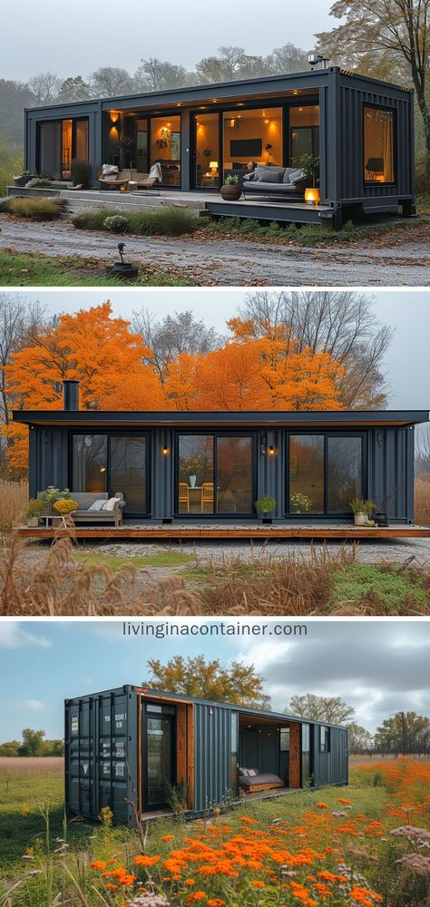 Explore the elegance of this sleek charcoal container home, a serene escape surrounded by autumnal beauty. #shippingcontainerhomes #architecture #containerhouse #containerhousedesign #containerhouseideas #containercabin #tinyhousedesign #containerhomes #housedesign #beforeandafterhome Tiny Container House, Shipping Container Cabin, Shipping Container House Plans, Shipping Container Home, Container Buildings, Tiny House Inspiration, Building A Container Home, Container Architecture, Container House Plans