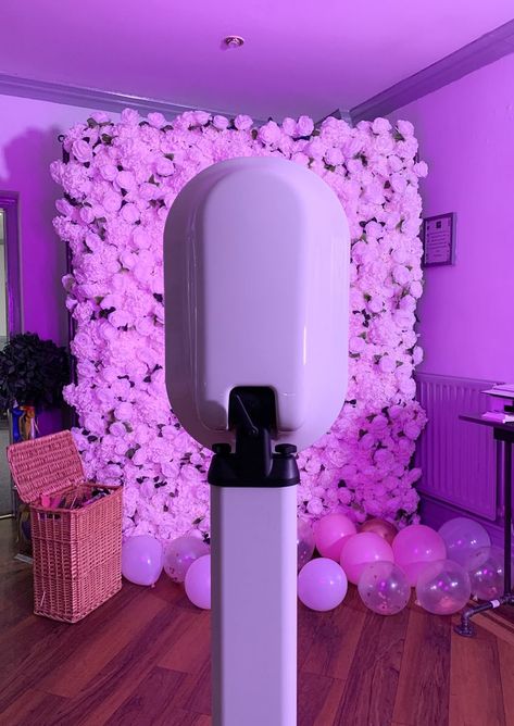 Salsa Photo Booth with white flower wall backdrop, prop basket, balloons & Pink LED studio light x Salsa Photo Booth, Photo Opp Wall, October Diy Crafts, Pink Photo Booth, October Diy, Photo Booth Company, Photo Booth Hire, Event Booth, Pink October