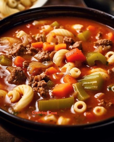 This is called 'Busy Day Soup' - It's so tasty and easy, I whip it up whenever I don't feel like cooking much Lizzy Cake, Busy Day Soup, Macaroni Soup Recipes, Macaroni Soup, Beef Soup Recipes, Hamburger Soup, Homemade Soup Recipe, Whip It, Delicious Soup Recipes