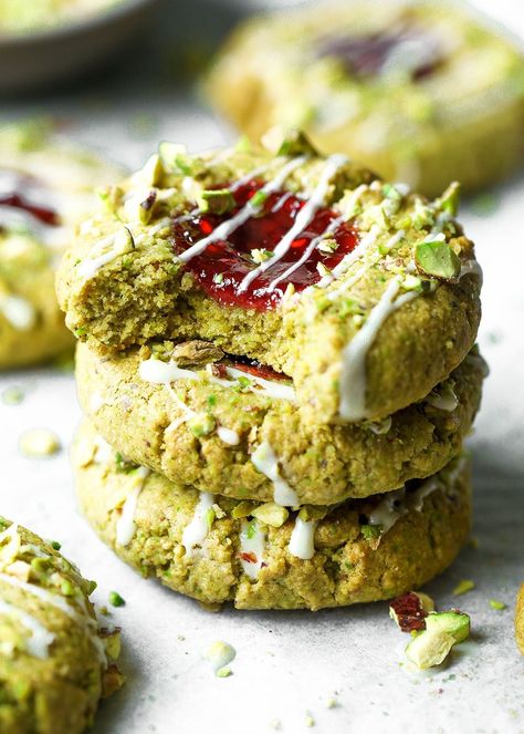 Pistachio Thumbprint Cookies, Cardamon Cookies, Pistachio Cardamom, Jam Thumbprint Cookies, Raw Pistachios, Pistachio Recipes, Pistachio Cookies, Jam Recipes Homemade, Dairy Free Dessert