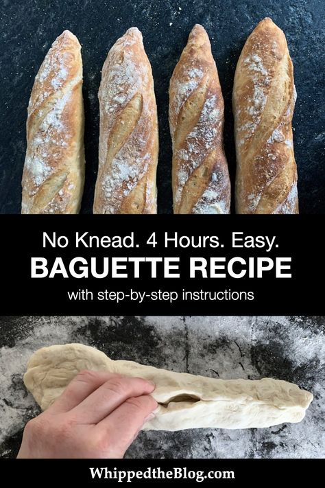 Sandwich Baguette Recipe, Simple Baguette Recipe, Easy Baguette, Baguettes Recipe, No Knead French Bread, Homemade Baguette, Baguette Recipes, Easy Baguette Recipe, Same Day Baguette Recipe