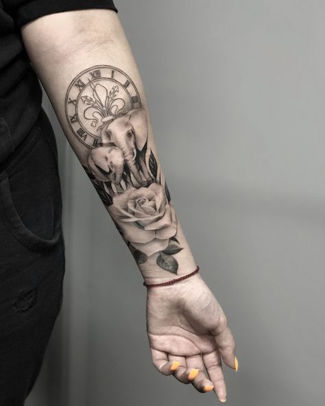 Vintage Clock Tattoos, Clock Tattoo, Elephant Tattoo, Elephant Tattoos, Cover Up Tattoo, Up Tattoos, Cross Tattoo, Half Sleeve Tattoo, Cover Up Tattoos