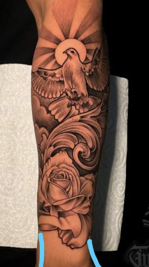 Unique Tattoo Designs Sleeve For Men, Lower Forearm Tattoo Men, Forearm Tattoo Men Sleeve Clouds, Cloud Tattoos For Men, Dove Tattoo Men, Cloud Tattoo Sleeve, Half Sleeve Tattoos Forearm, Half Sleeve Tattoos Drawings, Realistic Tattoo Sleeve