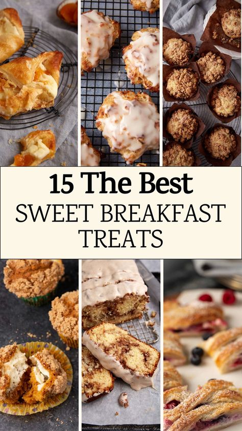 A collage of sweet breakfasts treats. Morning Meeting Snacks Ideas, Sweet Breakfast Potluck Ideas, Quick Breakfast Baked Goods, Morning Snacks For Meetings, Easy Sweet Breakfast Recipes, Fall Breakfast Pastries, Breakfast Treats For A Crowd, Breakfast For The Office, Breakfast Sweets Easy