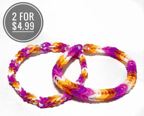 Pride Loom Band Bracelets, Lesbian Bracelet, Lesbian Flag Colors, Rainbow Loom Bracelets Easy, Loom Band Bracelets, Rainbow Loom Rubber Bands, Pony Bead Projects, Rainbow Loom Designs, Pride Wear