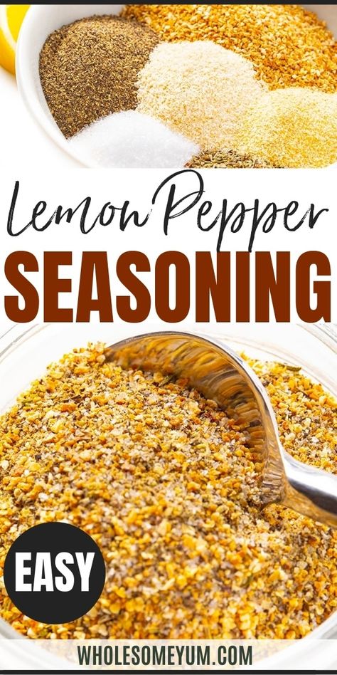 The Best Lemon Pepper Seasoning Recipe - This EASY homemade lemon pepper seasoning recipe can be made in minutes with just 6 simple ingredients. It's great on wings, seafood, and veggies. #wholesomeyum Lemon Pepper Seasoning Recipe, Chicken Seasoning Recipes, Homemade Dry Mixes, Dry Rub Recipes, Pepper Seasoning, Homemade Spice Mix, Spice Blends Recipes, Jo Cooks, Spice Mix Recipes