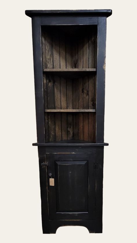 Small Corner Hutch, Solid Wood Display Cabinet,  Corner cabinet, Rustic Furniture, Farmhouse Decor by ChristianFredricks on Etsy Black Paint Cabinets, Black Corner Cabinet, Kitchen Corner Cabinet, Wood Corner Cabinet, Stairway Landing, Primitive Cabinet, Wood Display Cabinet, Corner Hutch, Farmhouse Storage