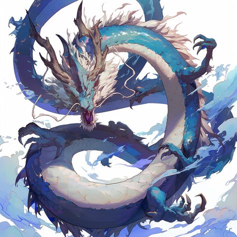 Long Chinese dragon in blue, white background, anime style. Blue Eastern Dragon, Long Dragon Art, Blue Dragon Anime, Mythical Dragon Art, White Background Anime, Blue Dragon Art, Blue Japanese Dragon, Asian Dragon Art, Dragon Digital Art