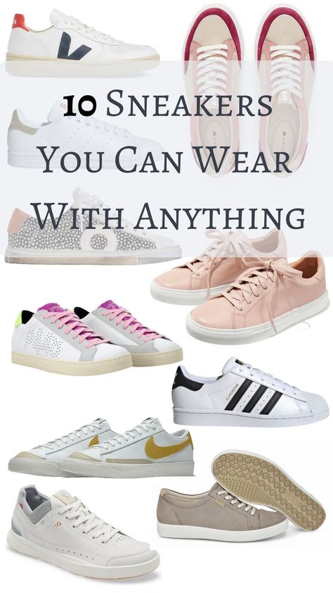 We're celebrating the versatility of today's sneakers trends, which can just as easily be worn with sweats and jeans as dresses and trousers. Check out these 10 fabulous pairs that can be dressed up or down! Cute Sneakers To Wear With Dresses, Chic Tennis Shoes Outfits, Casual Shoes With Jeans Women, Versatile Sneakers Women, Office Tennis Shoes Outfits, Sneakers That Go With Dresses, Women’s Casual Shoe, How To Dress Up Tennis Shoes, Mom Tennis Shoes