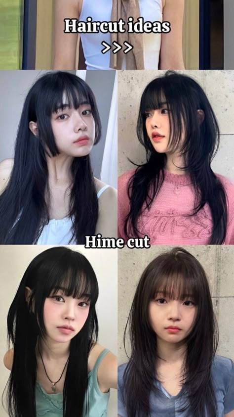 Hair cut ideas Hime Haircut Side Bangs, Full Bangs With Medium Hair, Korean Hime Haircut, Hime Haircut Without Bangs, Cute Haircuts To Get, Hime Cut With Wispy Bangs, Hairstyles Bangs Medium, Bangs Names, Haircut Round Face Long