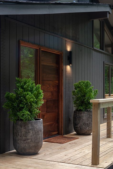 Matte Black Vertical Panel Siding + Dark wood door + transom windows | Lucy and Company Lodge Aesthetic, Black Houses, Kerb Appeal, Cabin Exterior, Desain Editorial, Home Exterior Makeover, Exterior Makeover, Exterior Remodel, Crested Butte