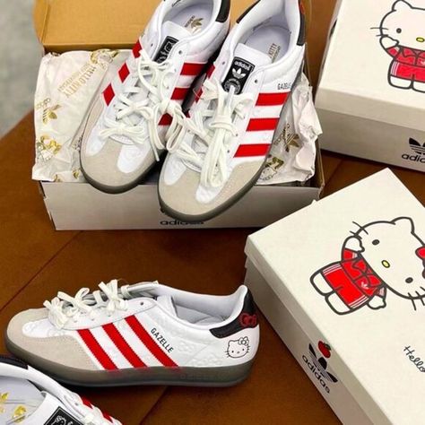 Adidas X Hello Kitty Gazelle Athletic Womens Shoes Pretty Sneakers For Women, Cute Addidas, Shoe Inspo Sneakers, Shoes Hello Kitty, Name Brand Shoes, Sneakers 2024, Adidas White Shoes, Gazelle Adidas, Adidas Gazelle Indoor