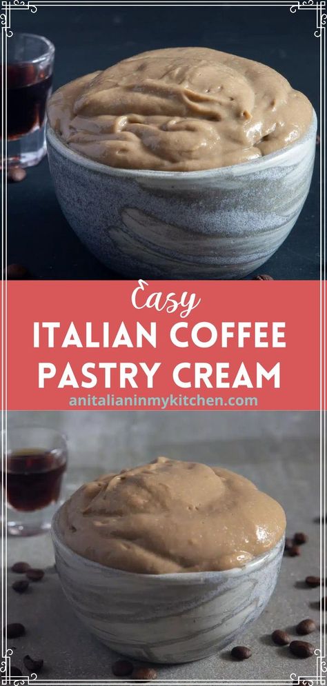 This Coffee Pastry Cream, is an easy Italian recipe, it makes an amazing filling for cakes or even pies. Made with a strong coffee, fresh cream, egg yolks and milk. It will take your favorite recipes to the next level! Eclair Filling Recipe, Coffee Filling, Filling For Cakes, Coffee Pastry, Cream Filling Recipe, Cream Filled Donuts, Cream Pie Filling, Easy Homemade Cookies, Pastry Cream Recipe