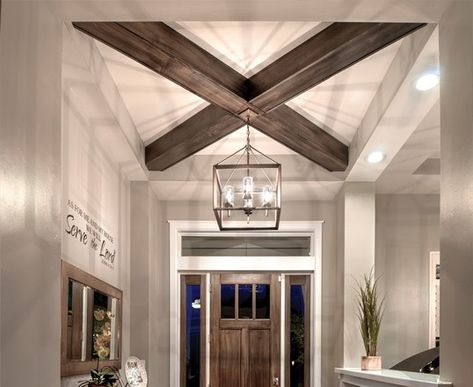 Adding Wood Beams to Your Home on a Budget - Mobile Home Repair Beam And Panel Ceiling, Wood Beams Entryway, Grid Beams Ceiling, X Beams On Ceiling, Double Wide Ceiling Ideas, Covered Ceiling Ideas, Cross Beams On Ceiling, Wood Beams In Tray Ceiling, Foyer Beams