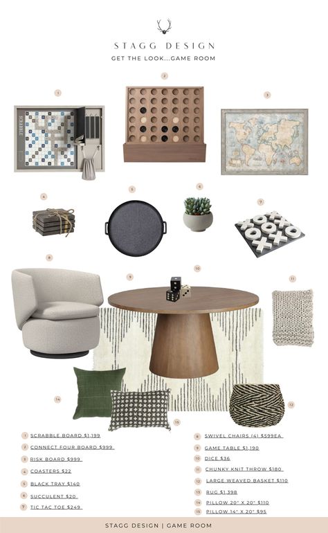 Get the Look: Family Game Room Gender Neutral Game Room, Lounge Table And Chairs, Family Room Play Area, Game Room Nook Ideas, Game Room Mood Board, Game Nook In Living Room, Game Nook Ideas, Studio Mcgee Game Room, Game Room Library Ideas