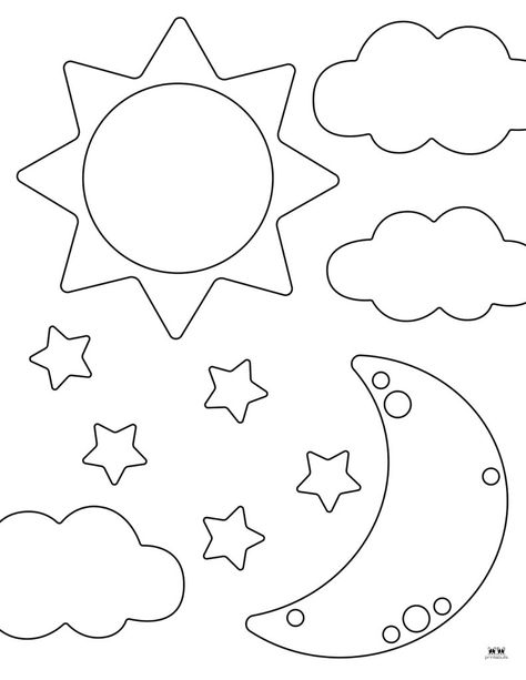 Print these moon coloring pages and templates, including moon phases, to help entertain and educate your little ones. Print from home. 100% FREE! Moon Template, Stars Template, Felt Template, Moon Printable, Moon Coloring Pages, Star Template, Sun Moon Stars, Space And Astronomy, Page Template