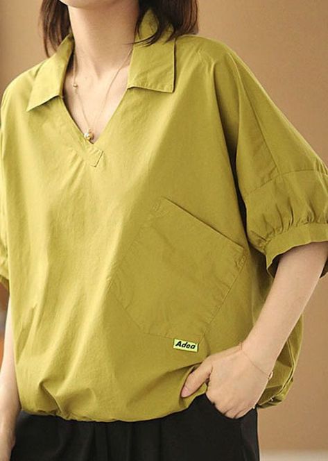 Women Yellow V Neck Patchwork Cotton Loose Shirt Tops Short Sleeve – Omychic Shirt Designs For Women Casual, Women Tops Design Casual, Short Shirts For Women, Short Tops For Women, Loose Shirts For Women, Loose Tops For Women, Shirt Tops For Women, Women Cotton Tops, Printed Shirts For Women