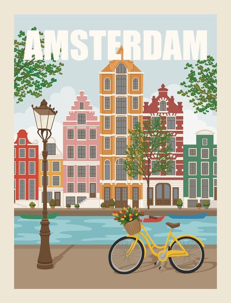 Vintage Travel Posters. Wall art. on Behance Sticker Design Ideas, Amsterdam Vintage, Amsterdam Art, Kawaii Culture, Posca Art, Matchbox Art, Poster City, Amsterdam Travel, City Illustration