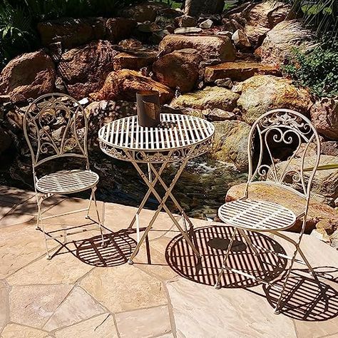 Modern Home Versailles Antiqued Iron 3pc Folding Bistro Set 3 Piece Bistro Set, Patio Bar Set, Outdoor Bistro Set, Antique Iron, Bistro Set, Patio Dining Set, Bistro Table, Outdoor Dining Set, Patio Set