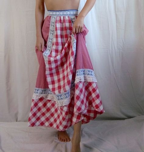 1960s vintage handmade red gingham picnic prairie skirt from ariessencebyariel.etsy.com Red Gingham Skirt, Prairie Aesthetic, Coral Maxi Skirts, Picnic Fashion, Festival Maxi Skirt, Gingham Picnic, Trendy Outfit Inspo, Gothic Lingerie, Prairie Skirt