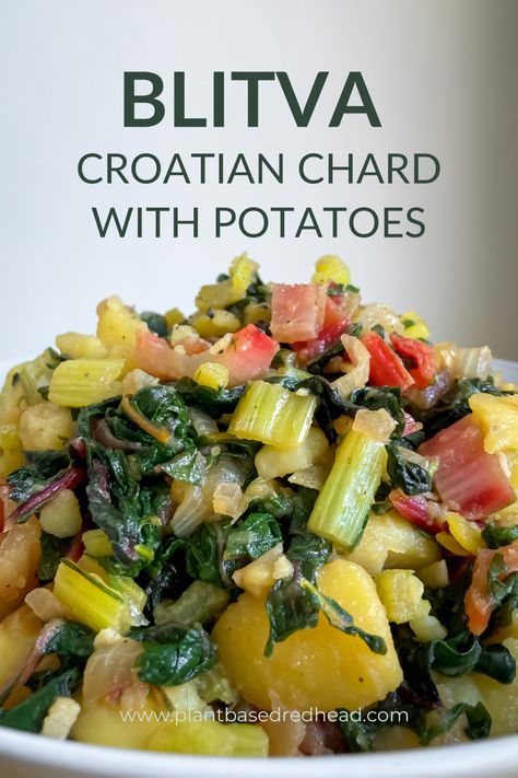 Blitva is an easy, quick-to-cook, and delicious vegan chard recipe from Croatia where it is mainly eaten as a side dish of fish. However, the Croatian swiss chard with potatoes tastes so good that it can do well on its own, that’s why I like to eat it as a main course. In this post, I’ll show you how to easily prepare delicious Croatian blitva, which requires only a few ingredients. Cooking With Swiss Chard, How To Prepare Swiss Chard, Swiss Chard Stems Recipes, Preserving Swiss Chard, What To Do With Swiss Chard, Croatia Recipes, Fish Side Dishes, Swiss Chard Recipes Easy, Rainbow Chard Recipes