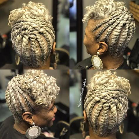 Silver Foxx with two strand twist updo and curls! See more views via @embracehairart BOOK securely Online only via… Two Strand Twist Updo, Black Hair Updo, Natural Updo, Flat Twist Hairstyles, Twist Updo, Black Hair Updo Hairstyles, Flat Twist Updo, Natural Hair Twist Out, Mom Hair