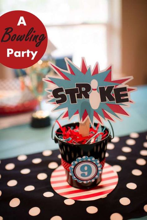 Bowling birthday party centerpiece! See more party planning ideas at CatchMyParty.com! Bowling Centerpieces, Bowling Birthday Party Ideas, Kids Bowling Party, Bowling Party Themes, Bowling Party Decorations, Bowling Party Ideas, Bowling Ideas, Birthday Bowling, Thomas Birthday Parties