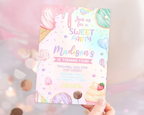 Sweet Party Invitation, EDITABLE Candy Land Party Invite, Sweets Candy Birthday, Pastel Pink Desserts, Editable Canva Template MSW01 - Etsy Netherlands Fourever Sweet, Four Ever Sweet, Candyland Invitations, Cookie Themes, Candy Invitations, Pink Desserts, Donut Birthday Parties, Birthday Party Girl, Candy Birthday Party