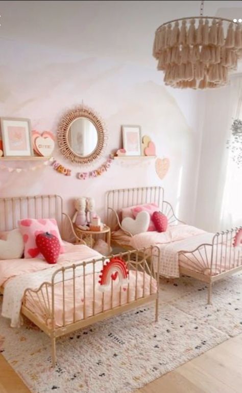 Twins Room Girls Sisters, Triplet Girls Bedroom, Sisters Sharing Room Ideas, Ikea Minnen Bed Girl, Toddler Twin Bedroom Ideas, Twin Bed Girls Room, Twin Girl Bedroom Ideas, 2 Girls Bedroom Ideas, Sister Room Ideas