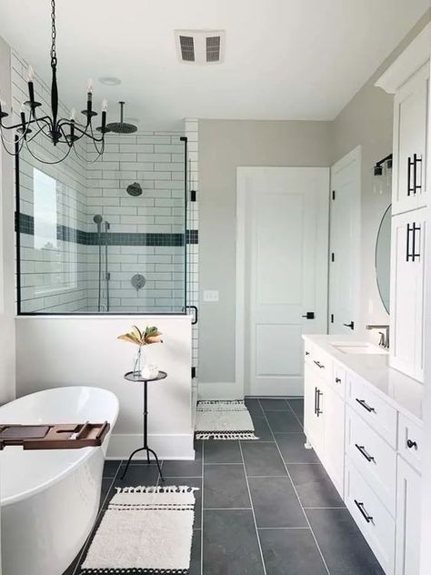 Tile Bathroom Floor Ideas, Subway Tile Shower Designs, Dark Grey Tile Bathroom, Dark Floor Bathroom, Tile Shower Designs, Black Bathroom Floor Tiles, Black Tile Bathroom, Full Bath Remodel, Brick Tiles Bathroom