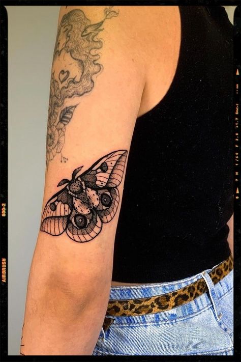 Upper Arm Moth Tattoo, Moth Tattoo Arm Placement, Moth Tattoo Elbow Bend, Moth Placement Tattoo, Moth Coverup Tattoo, Floral Moth Tattoo Sleeve, Eclectic Sleeve Tattoo, Moth Tattoos For Women Arm, Moth Tattoo Upper Arm