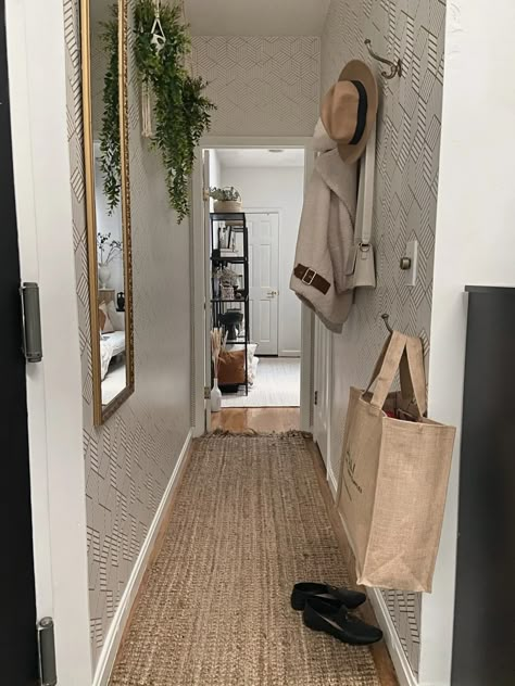 Before/After: How to Decorate a Narrow Entryway or Hallway - City Chic Decor Home Entrance Narrow, Apartment Hallway Decor Narrow, Long Narrow Entry Hallway Ideas, Narrow Dark Hallway, Narrow Dark Hallway Ideas, Small Narrow Hallway, Narrow Hallway Design, Narrow Stairwell, Long Narrow Entryway