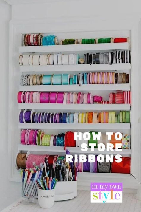 These DIY ribbon holder ideas for your ribbon collection can be made very inexpensively to hang on a wall in a craft or sewing room or in a closet or cabinet as well as a few variations so you can customize each to fit your needs. Visit the blog to learn more Peg Board Ribbon Storage, Ribbon Wall Storage, Ribbon Storage Diy, Diy Ribbon Organizer, Ribbon Storage Ideas Diy, Ribbon Shelves, Diy Ribbon Holder, Organizing Ribbon, Craft Ribbon Storage